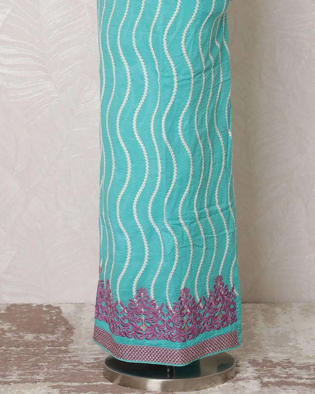 Turquoise blue blended cotton lawn fabric with white, lavender pink, gold embroidery in floral design-D15074 Regal Fabrics