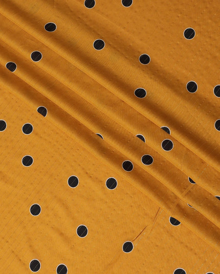 Fire yellow viscose crepe printed fabric with golden lurex in polka dot design-D11169