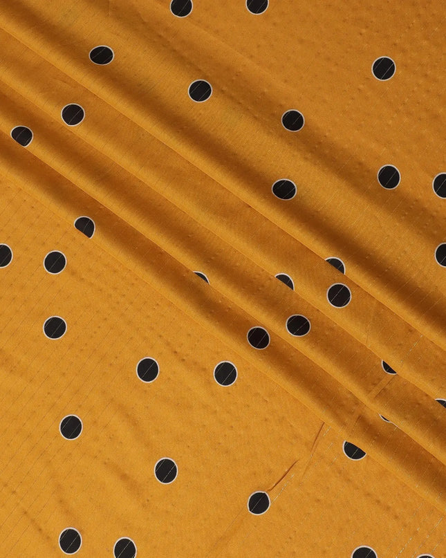 Fire yellow viscose crepe printed fabric with golden lurex in polka dot design-D11169 Regal Fabrics