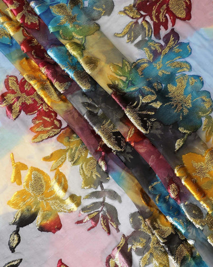 قماش شيفون حريري متعدد الألوان مطبوع رقميًا (مكمل) مع طبقة لوريكس معدنية ومخمل بتصميم زهور لديراك - D9902