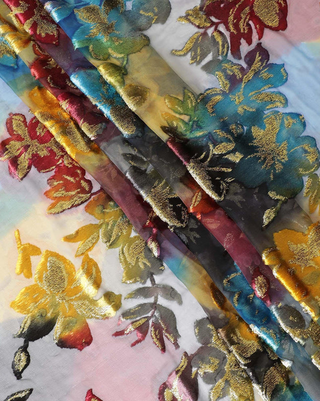 قماش شيفون حريري متعدد الألوان مطبوع رقميًا (مكمل) مع طبقة لوريكس معدنية ومخمل بتصميم زهور لديراك - D9902