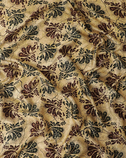 Latte beige premium pure silk satin fabric with multicolor print in paisley design-D13217