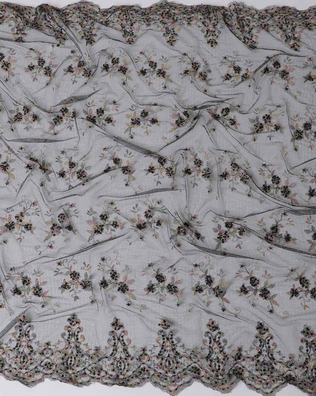 Black lace fabric with multicolor embroidery in floral design-D11739
