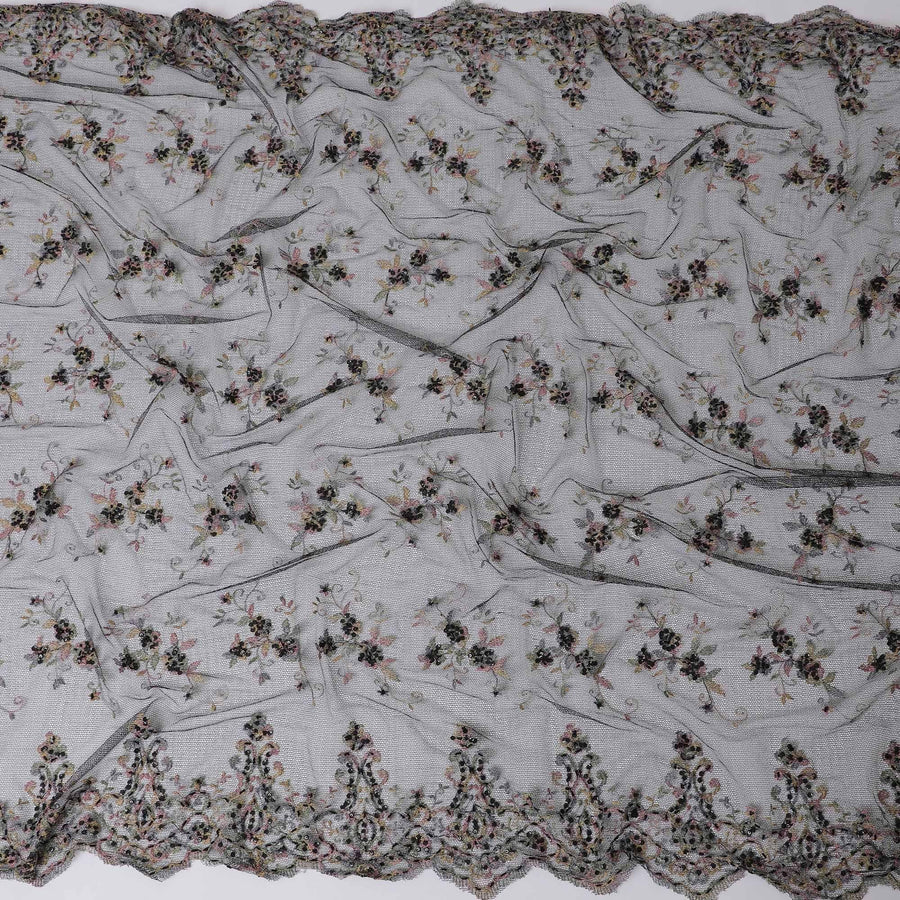 Black lace fabric with multicolor embroidery in floral design-D11739