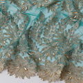 Pine green nylon tulle fabric with gold embroidery having stone work in floral design-D11738 Regal Fabrics