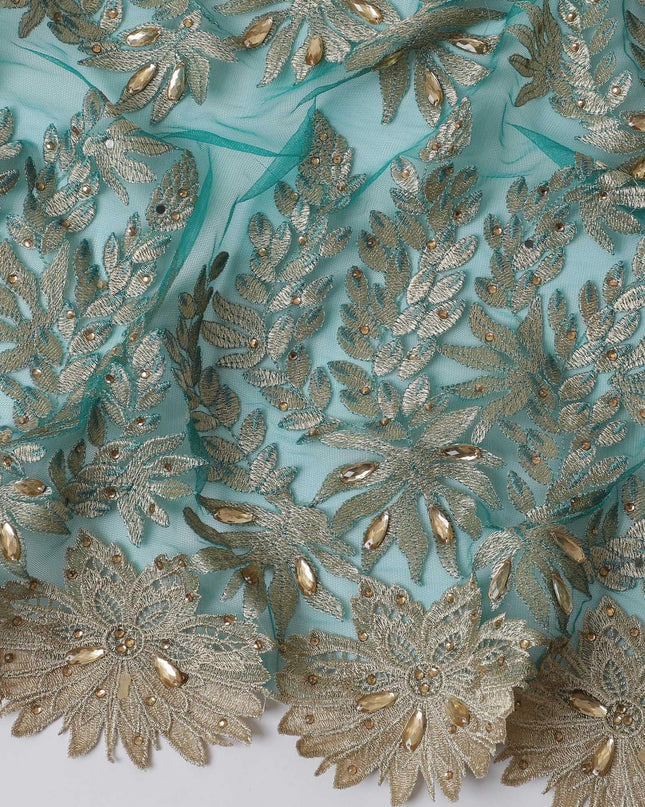 Pine green nylon tulle fabric with gold embroidery having stone work in floral design-D11738 Regal Fabrics