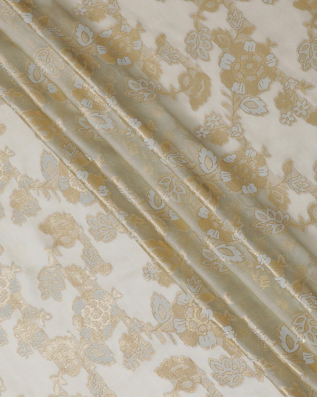Beige Premium pure French (Fransawi) silk chiffon fabric with grey viscose and gold metallic in floral design-D14276
