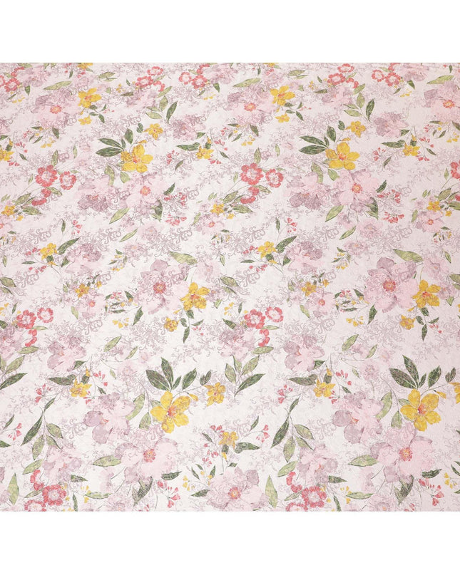 Light pink premium pure silk satin fabric with multicolor print having rose pink film metallic in floral design-D9420