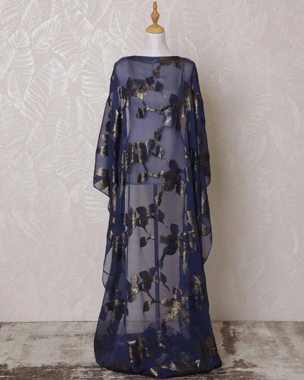 Navy blue Premium pure silk chiffon dirac fabric with gold metallic lurex in floral design-D15604 Regal Fabrics