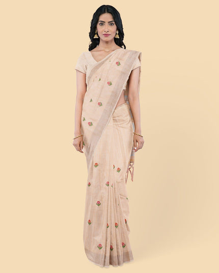 Peach linen saree with multicolor embroidery in floral design-D12799 Regal Fabrics