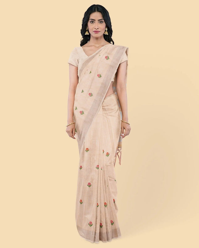 Peach linen saree with multicolor embroidery in floral design-D12799 Regal Fabrics
