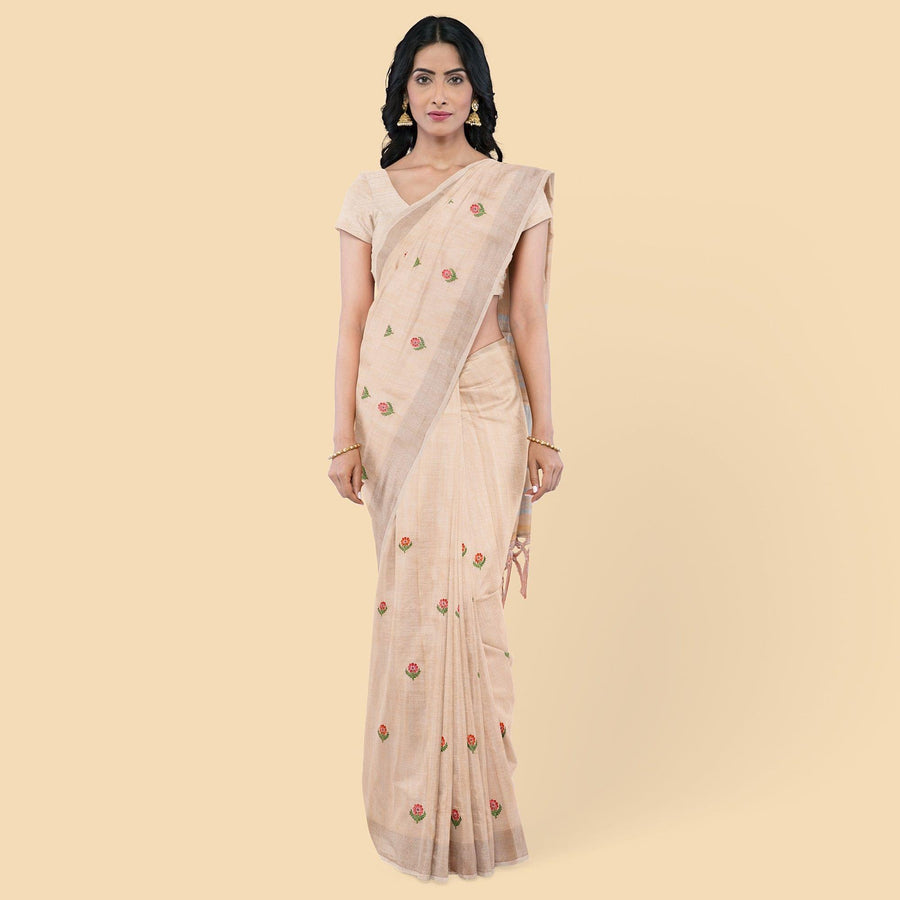Peach linen saree with multicolor embroidery in floral design-D12799 Regal Fabrics