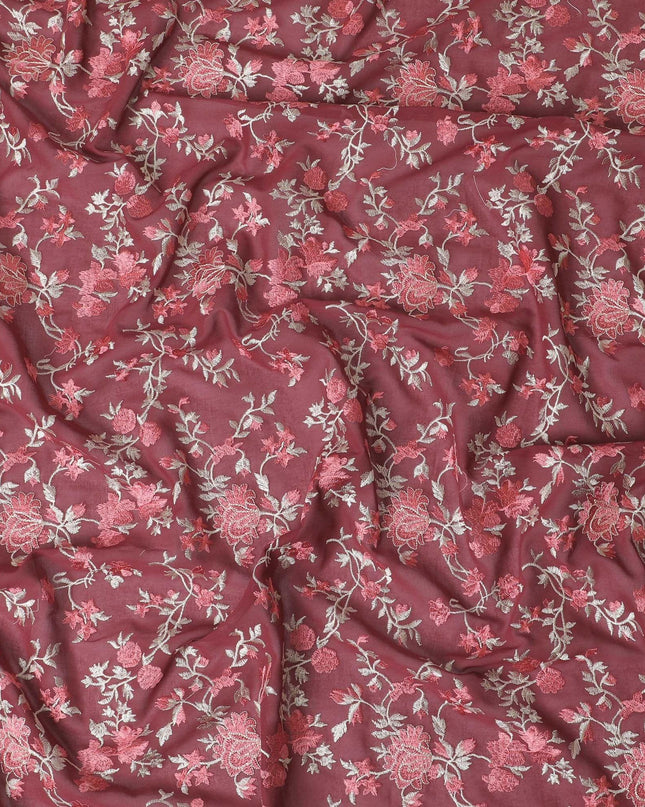 Ruby red cotton voile fabric with red and gold embriodery in floral design-11232 Regal Fabrics