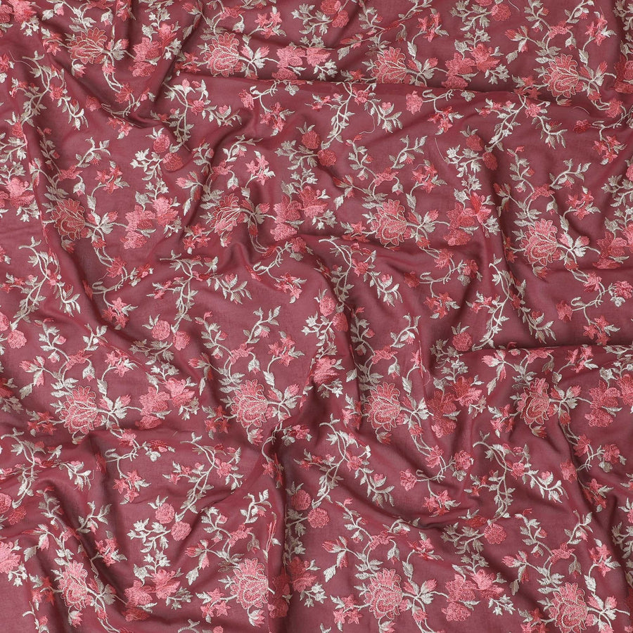 Ruby red cotton voile fabric with red and gold embriodery in floral design-11232 Regal Fabrics