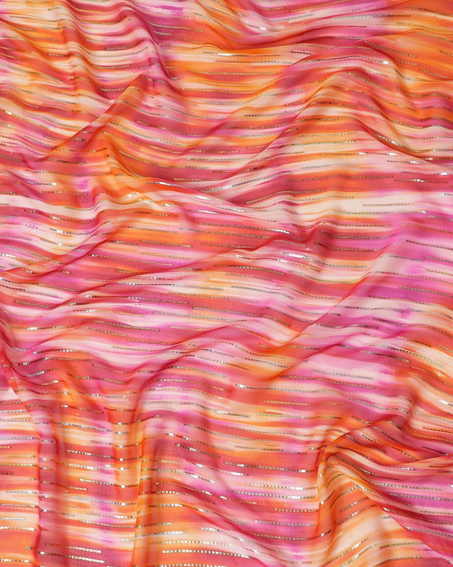 قماش شيفون من الحرير الخالص باللون الوردي مع لوريكس معدني ذهبي وفضي بتصميم مخطط -D13982