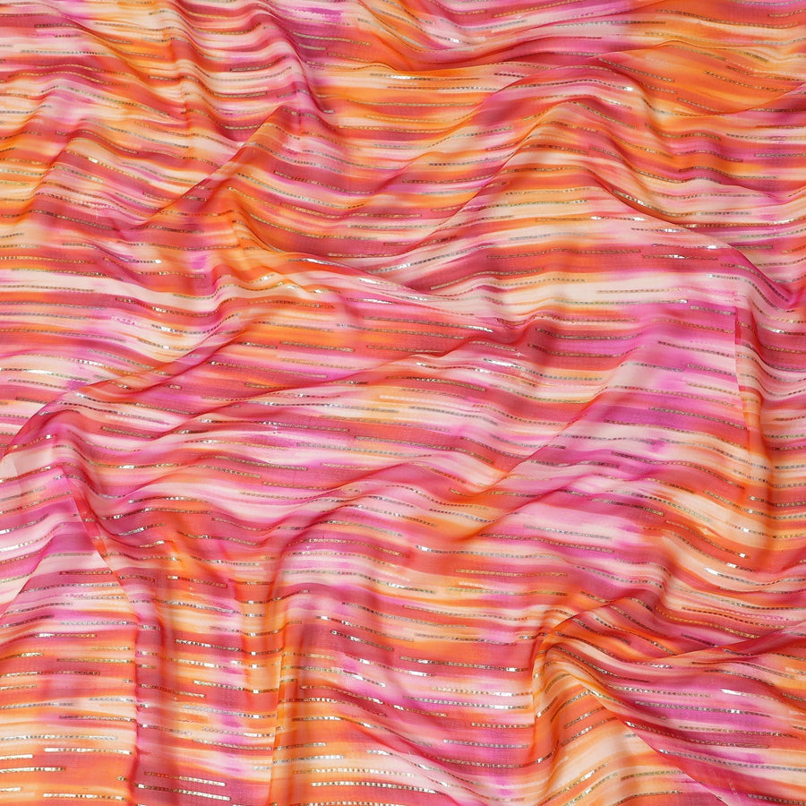 قماش شيفون من الحرير الخالص باللون الوردي مع لوريكس معدني ذهبي وفضي بتصميم مخطط -D13982