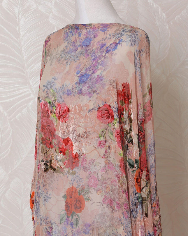 Peach Premium pure silk blended velvet makmal dirac fabric with multicolor print in floral design-D14862