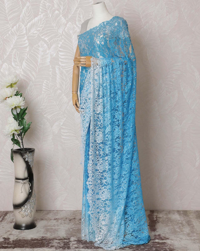 Powder blue to sky blue premium pure French chantilly lace saree having stone work in ombre design-D14900