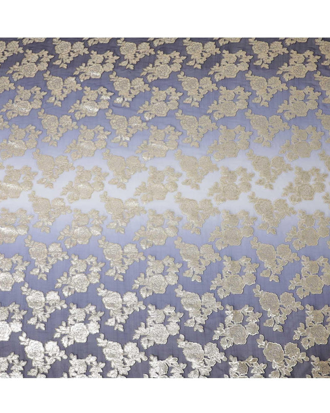 قماش شيفون حريري خالص فاخر من الأزرق الداكن إلى الأزرق الفاتح مع لوركس معدني ذهبي بتصميم زهور-D10617
