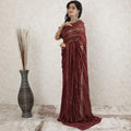 Marron Premium pure wrinkle silk chiffon saree with same tone, gold embroidery having sequins, bead work in fancy design-D13494