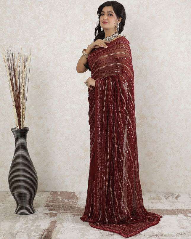 Marron Premium pure wrinkle silk chiffon saree with same tone, gold embroidery having sequins, bead work in fancy design-D13494