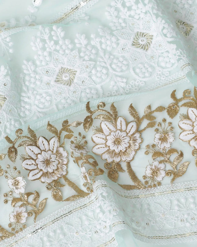 Turquoise blue nylon tulle fabric with white and gold embroidery having gold sequins in fancy design-D6903 Regal Fabrics