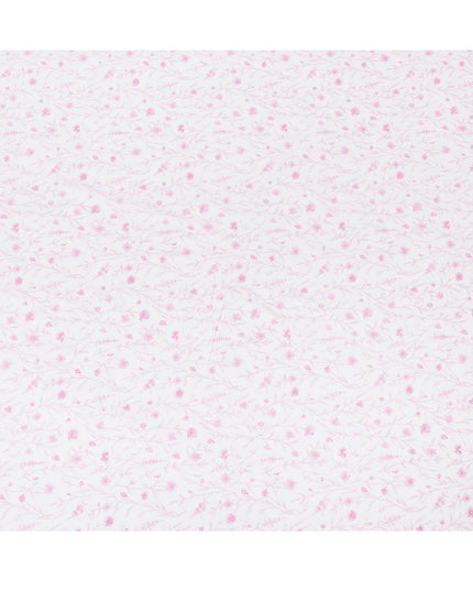 White cotton voile fabric with baby pink print in floral design-D15421