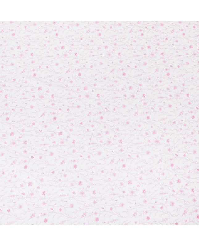 White cotton voile fabric with baby pink print in floral design-D15421