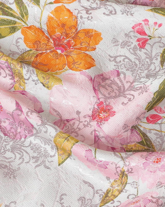 Abalone grey premium pure silk satin fabric with orange, baby pink and mustard green print having rose pink film metallic in floral design-D9417