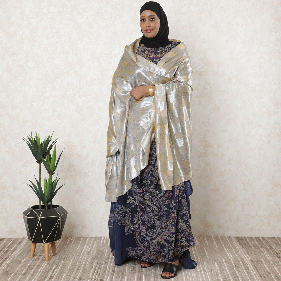 بيج بريميوم فرنسي خالص (فرانساوي) شيفون حرير غارباسار مع لوريكس معدني فضي بتصميم زهور-D11571