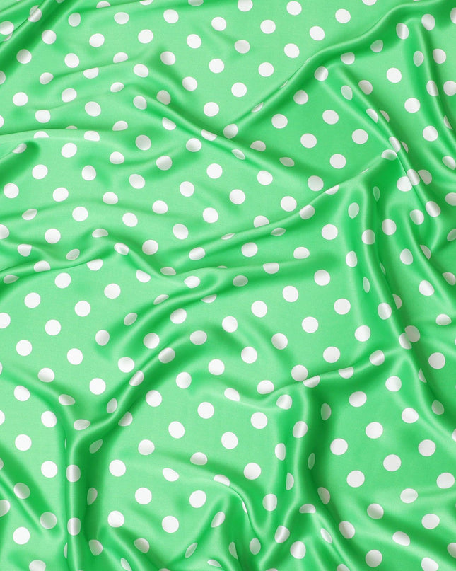 قماش ساتان حرير نقي أخضر ببغاء مع نقاط بيضاء بتصميم منقط-D11040