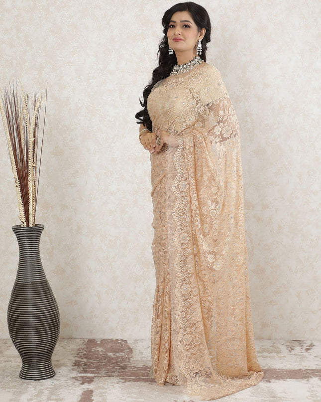 Light peach, Gold Premium pure metallic French chantilly saree lace having stone work in floral design-D13485
