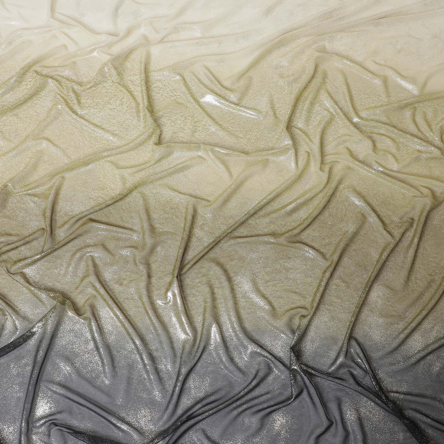Tea green to black synthetic chiffon fabric having gold metallic foil in ombre design-D10656 Regal Fabrics