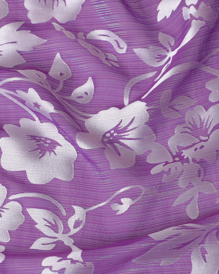 قماش شيفون من الحرير الخالص باللون الأرجواني مع جاكار فضي بتصميم زهور -D15323