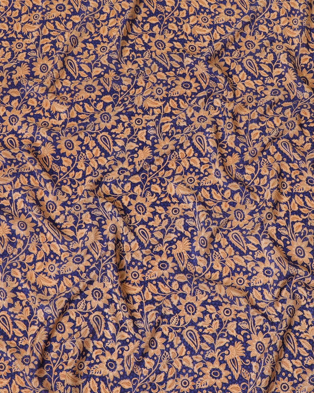Royal blue silk crepe fabric with beige and light brown print in floral design-D8410 Regal Fabrics