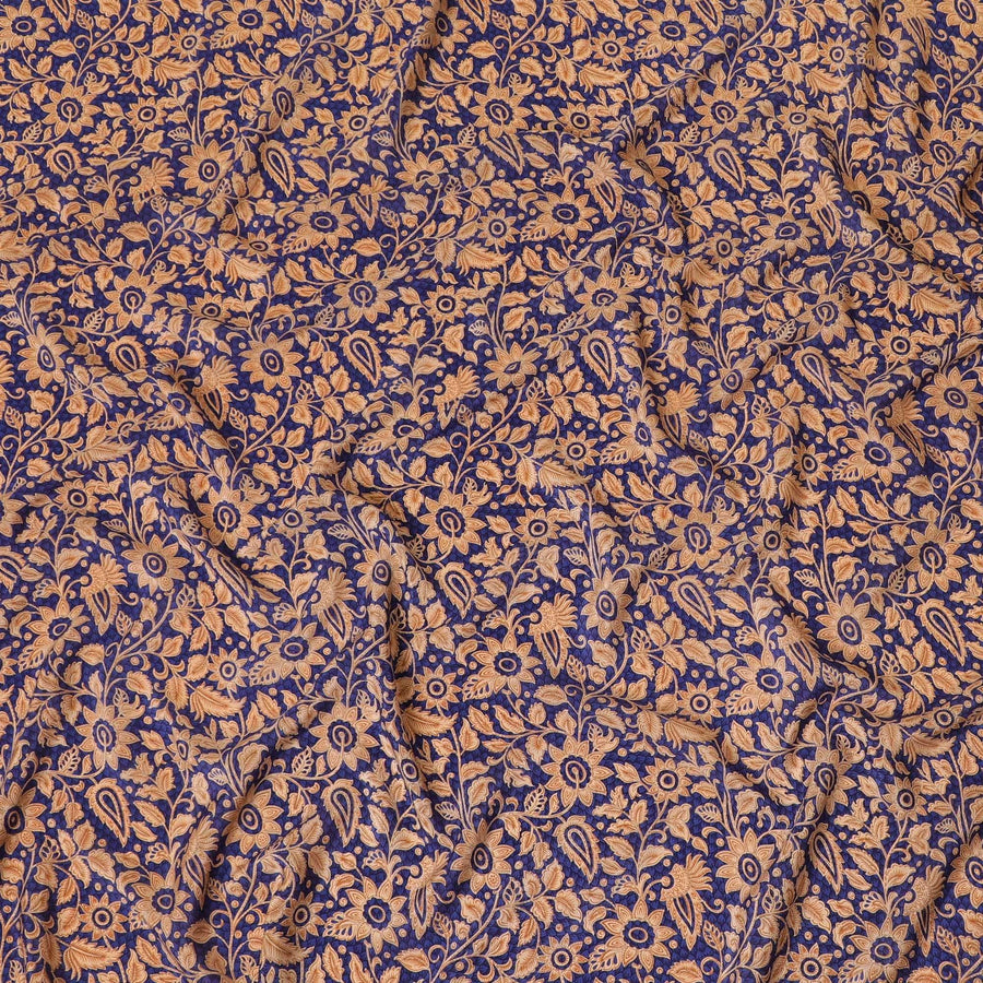Royal blue silk crepe fabric with beige and light brown print in floral design-D8410