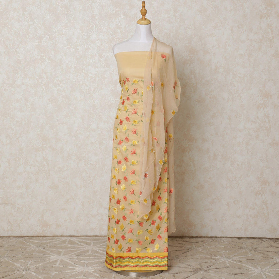 Beige blended cotton lawn fabric with multicolor embroidery in floral design-D12130