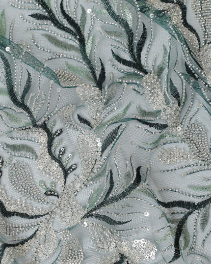 Bottle green nylon tulle fabric with same tone embroidery, bead work and sequins in fancy design-D15395