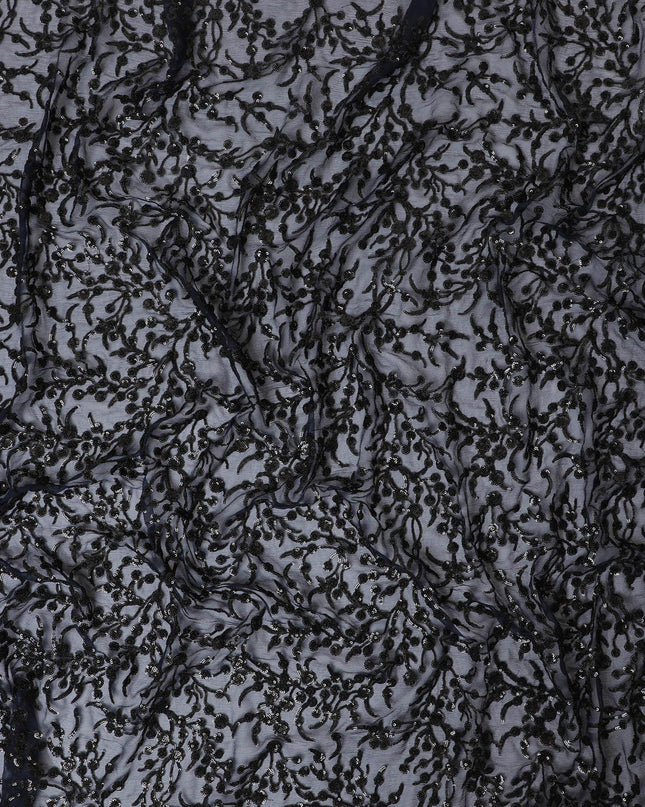Navy blue premium pure silk chiffon fabric with black sequin embroidery in floral design-D13200