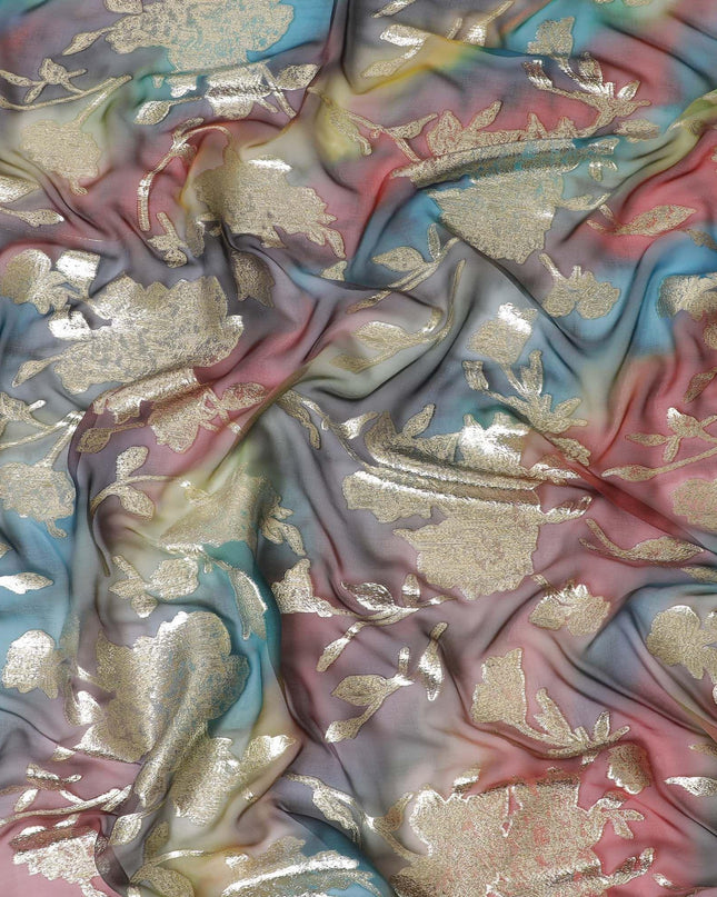 شيفون من الحرير الخالص متعدد الألوان مع لوريكس معدني ذهبي بتصميم الأزهار-D11379
