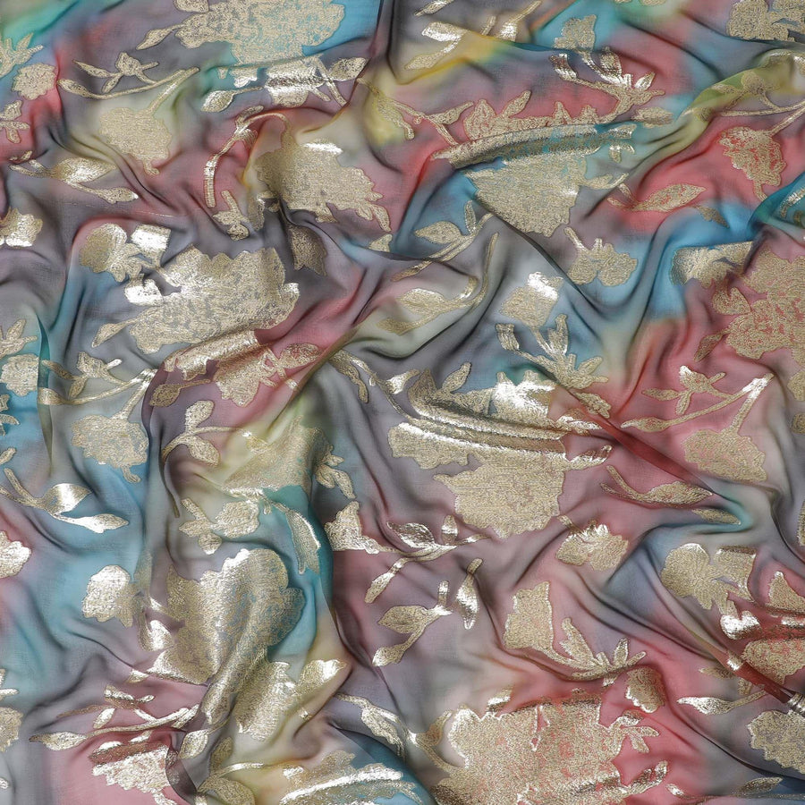 Multicolor Premium pure silk chiffon with gold metallic lurex in floral design-D11379