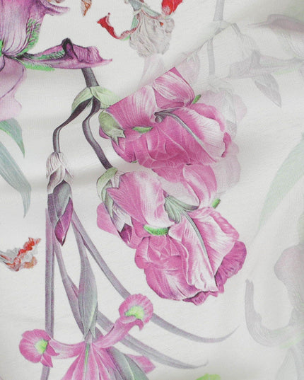 Off white synthetic crepe fabric with multicolor print in floral design-D10020 - Regal Fabrics