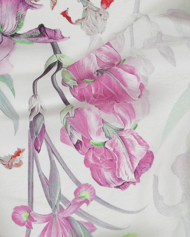 Off white synthetic crepe fabric with multicolor print in floral design-D10020 Regal Fabrics