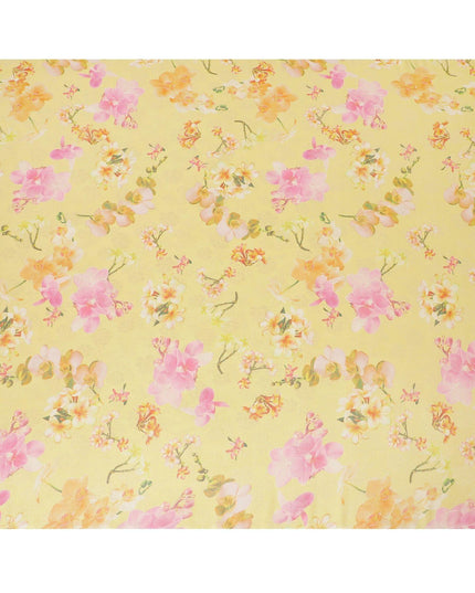 Light mustard yellow silk chiffon fabric with multicolor print in floral design having organza finish-D6637