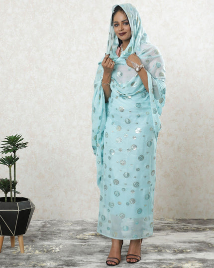 Baby blue premium pure silk chiffon thobe with same tone and gold metallic lurex in dot design-D9496