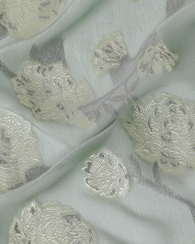 قماش شيفون حريري فرنسي (فرنساوي) فاخر باللون الأخضر الطحلبي مع نفس اللون من الفيسكوز مع لوريكس معدني أسود بتصميم زهور -D15631