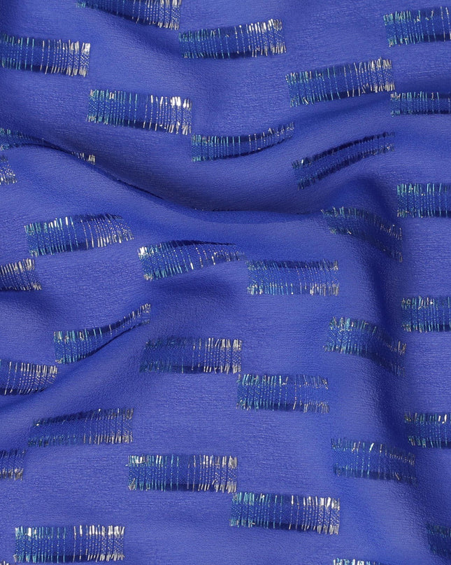 قماش شيفون حريري فرنسي (فرنساوي) فاخر باللون الأزرق الملكي مع نفس اللون من الفيسكوز والوركس المعدني الذهبي والفضي بتصميم فاخر -D14228