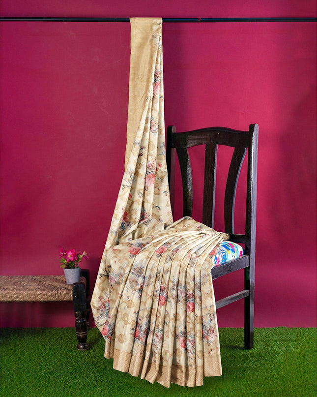 Laguna yellow synthetic chanderi silk saree with gold lurex & prints in floral design. Blouse piece in same colour-D12738