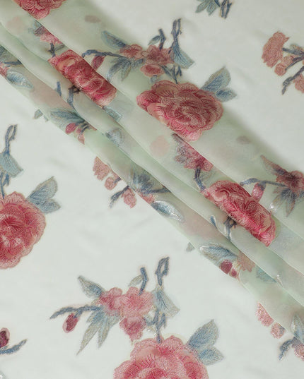 Tea green premium pure silk chiffon fabric with multicolor metallic lurex in floral design-D10776
