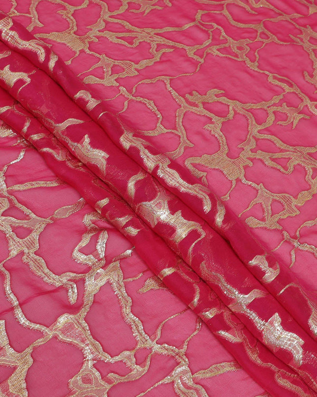 قماش شيفون من الحرير الخالص الفاخر باللون الوردي الأرجواني مع لوريكس معدني ذهبي بتصميم تجريدي -D13192